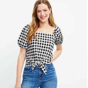 LOFT gingham square neck front tie cute top